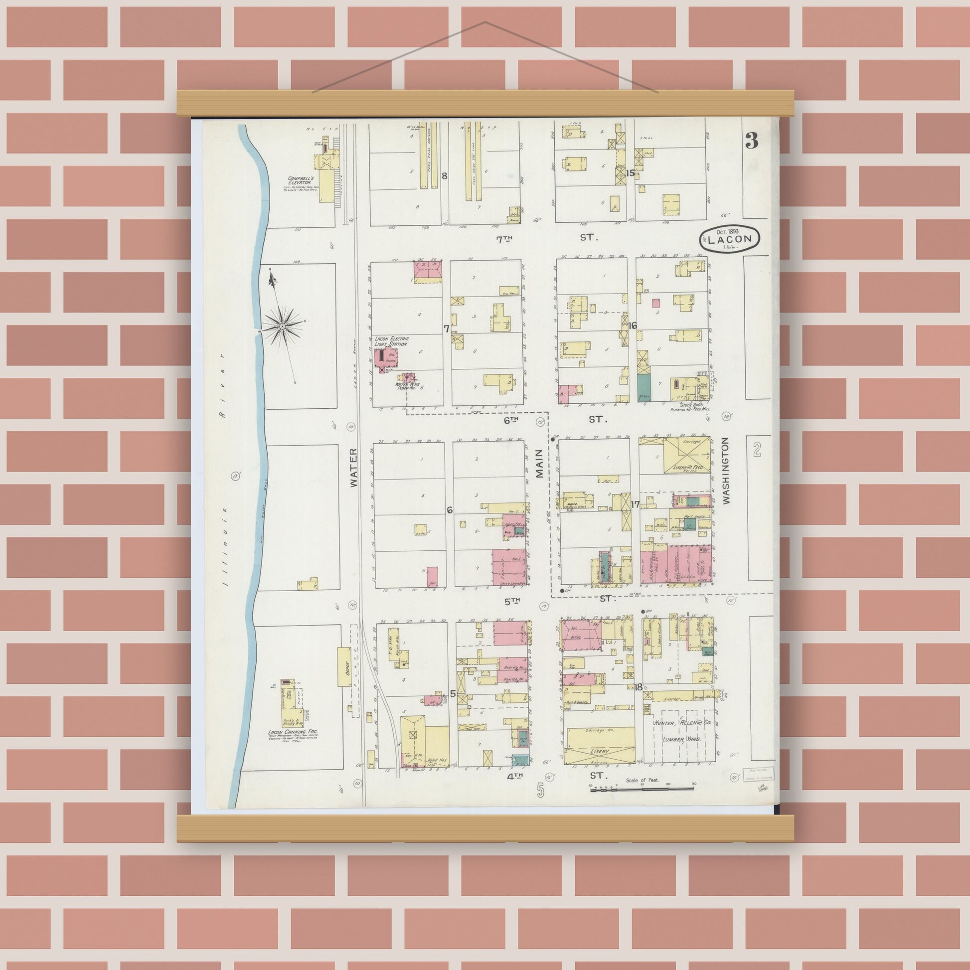 Old map wall art mockup — magnetic wood frame on brick wall — Sanborn Fire Insurance Map from Lacon, Marshall County, Illinois (1893), Sheet #0003