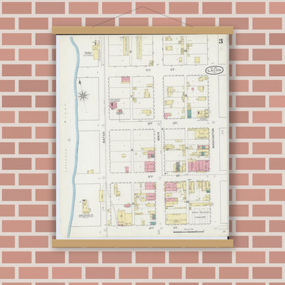 Old map wall art mockup — magnetic wood frame on brick wall — Sanborn Fire Insurance Map from Lacon, Marshall County, Illinois (1893), Sheet #0003