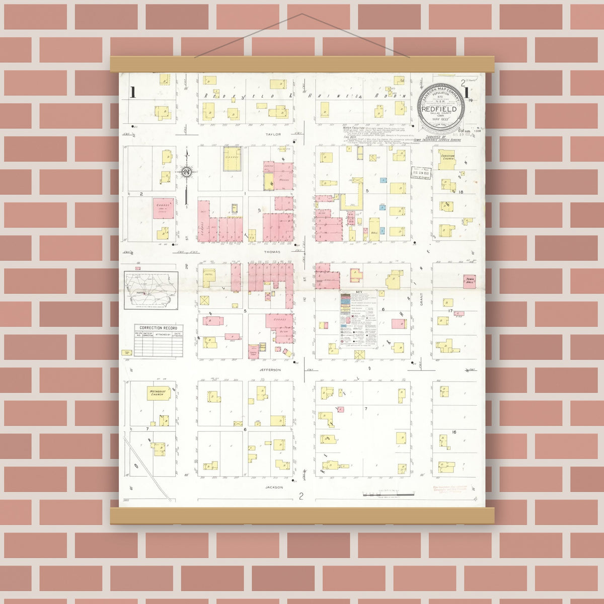 Old map wall art mockup — magnetic wood frame on brick wall — Sanborn Fire Insurance Map from Redfield, Dallas County, Iowa (1933) â€” Complete Set