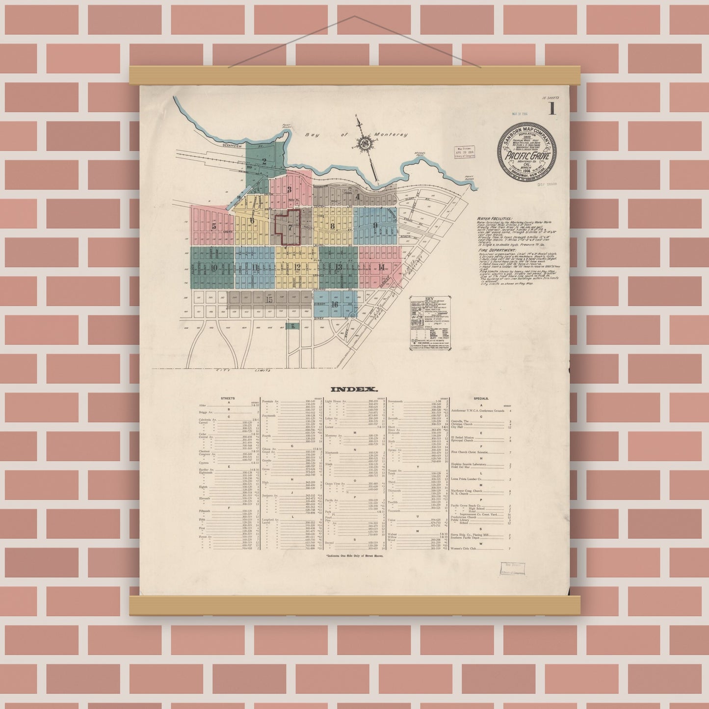 Old map wall art mockup — magnetic wood frame on brick wall — Sanborn Fire Insurance Map from Pacific Grove, Monterey County, California (1914) - Complete Map Set