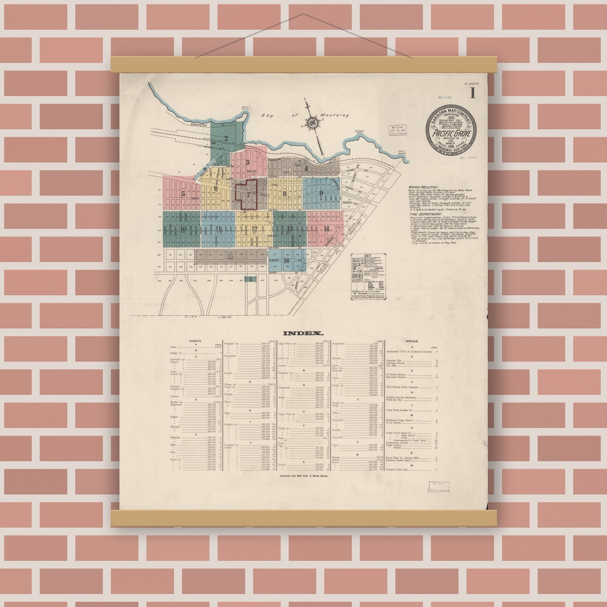 Old map wall art mockup — magnetic wood frame on brick wall — Sanborn Fire Insurance Map from Pacific Grove, Monterey County, California (1914) - Complete Map Set
