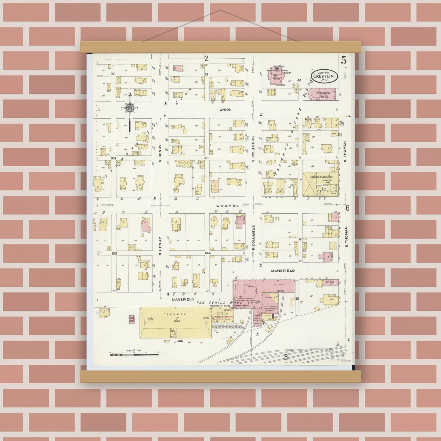 Old map wall art mockup — magnetic wood frame on brick wall — Sanborn Fire Insurance Map from Crestline, Crawford County, Ohio (1910), Sheet #0005