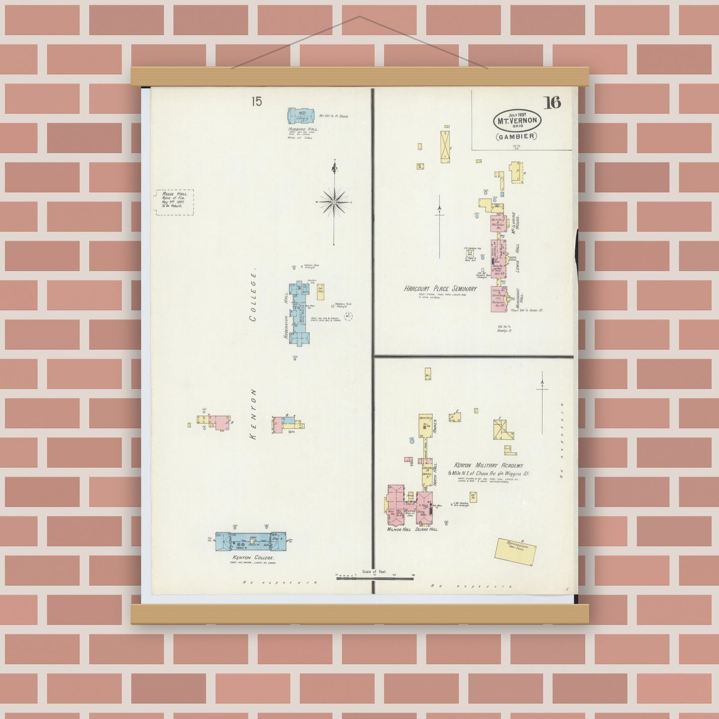 Old map wall art mockup — magnetic wood frame on brick wall — Sanborn Fire Insurance Map from Mount Vernon, Knox County, Ohio (1897), Sheet #0016