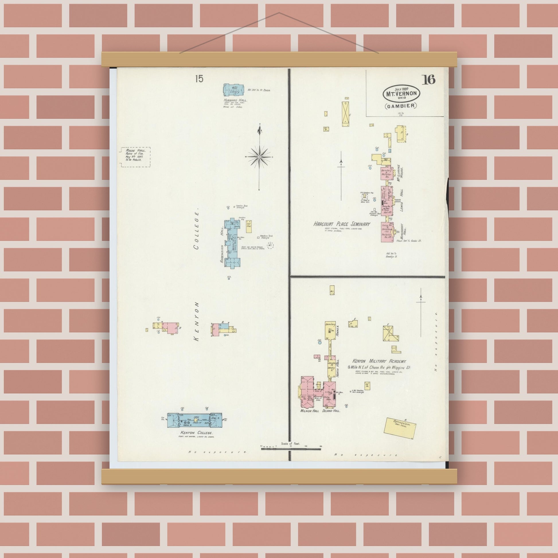Old map wall art mockup — magnetic wood frame on brick wall — Sanborn Fire Insurance Map from Mount Vernon, Knox County, Ohio (1897), Sheet #0016
