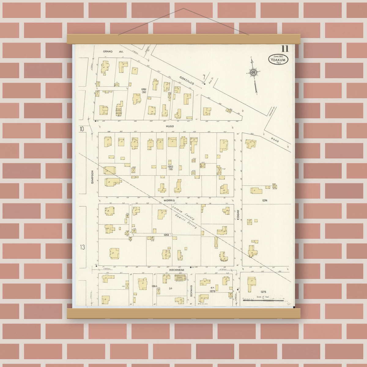Old map wall art mockup — magnetic wood frame on brick wall — Sanborn Fire Insurance Map from Yoakum, De Witt And Lavaca Counties, Texas (1912), Sheet #0011
