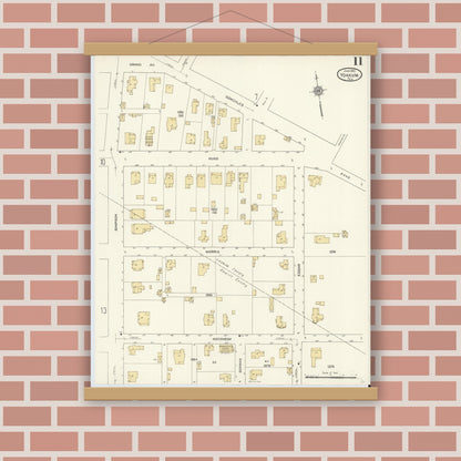 Old map wall art mockup — magnetic wood frame on brick wall — Sanborn Fire Insurance Map from Yoakum, De Witt And Lavaca Counties, Texas (1912), Sheet #0011