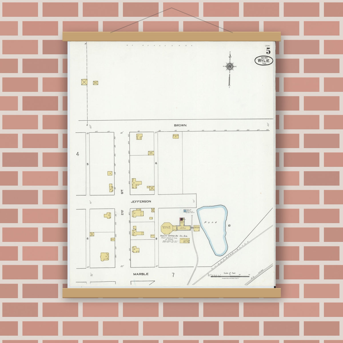Old map wall art mockup — magnetic wood frame on brick wall — Sanborn Fire Insurance Map from Wylie, Collin County, Texas (1921), Sheet #0005