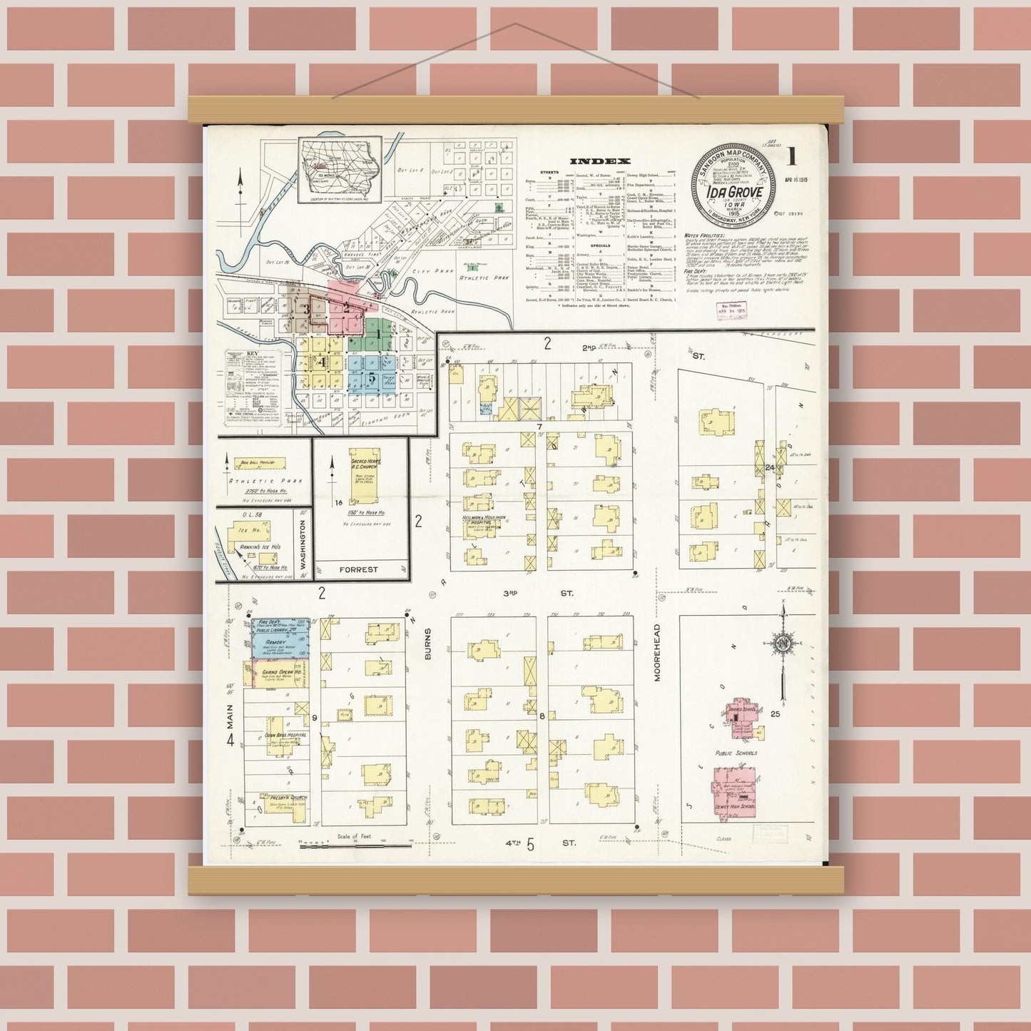 Old map wall art mockup — magnetic wood frame on brick wall — Sanborn Fire Insurance Map from Ida Grove, Ida County, Iowa (1915), Sheet #0001