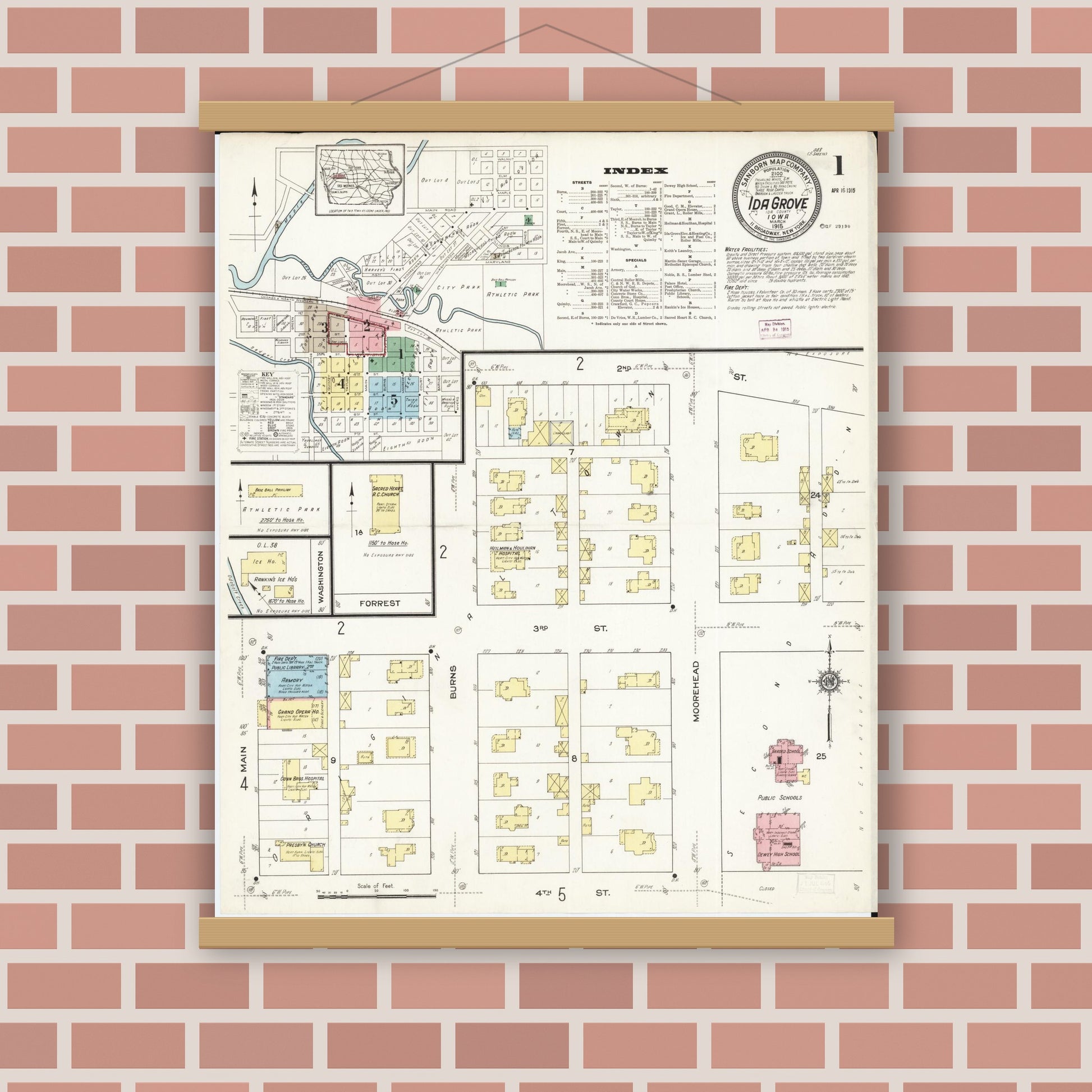 Old map wall art mockup — magnetic wood frame on brick wall — Sanborn Fire Insurance Map from Ida Grove, Ida County, Iowa (1915), Sheet #0001