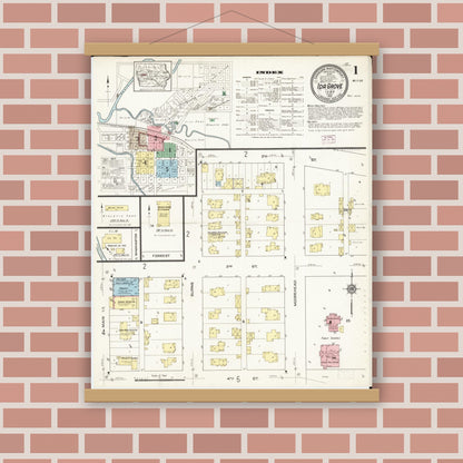 Old map wall art mockup — magnetic wood frame on brick wall — Sanborn Fire Insurance Map from Ida Grove, Ida County, Iowa (1915), Sheet #0001