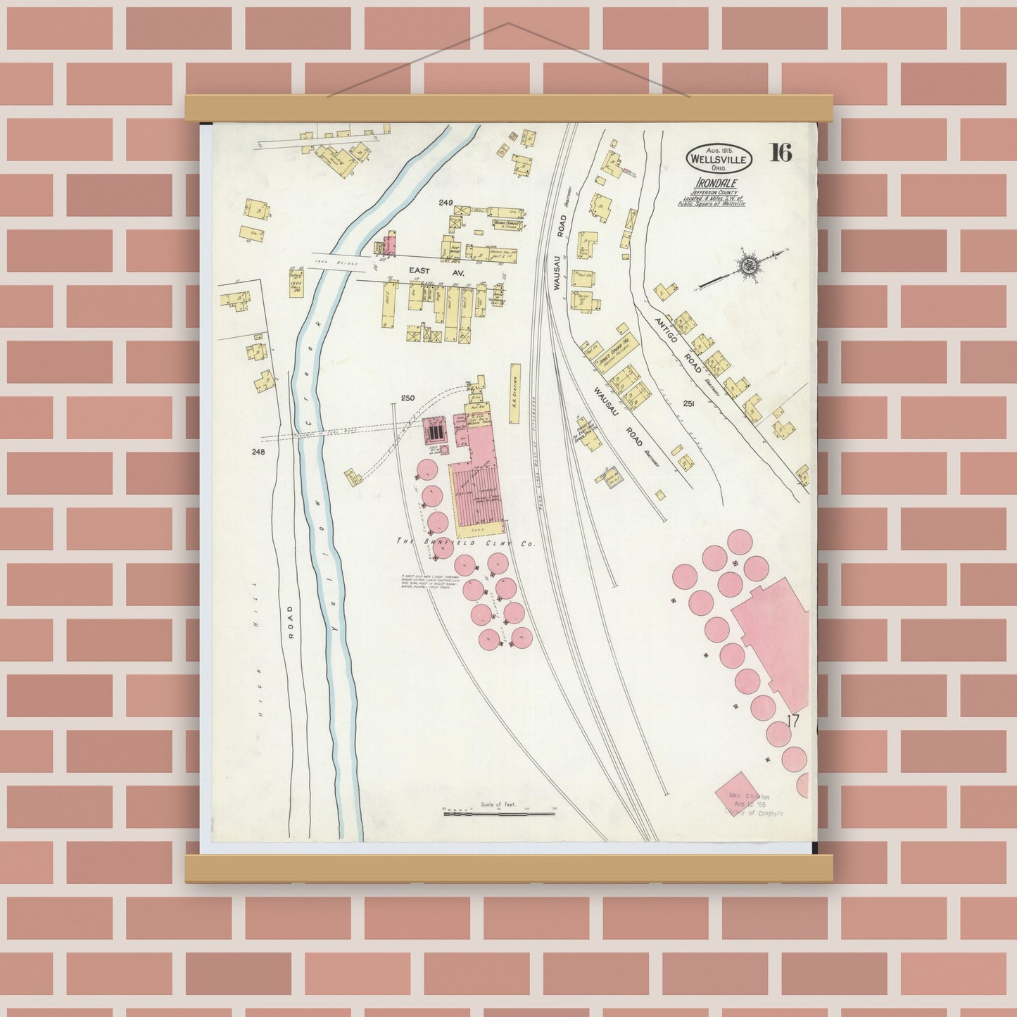 Old map wall art mockup — magnetic wood frame on brick wall — Sanborn Fire Insurance Map from Wellsville, Columbiana County, Ohio (1915), Sheet #0016