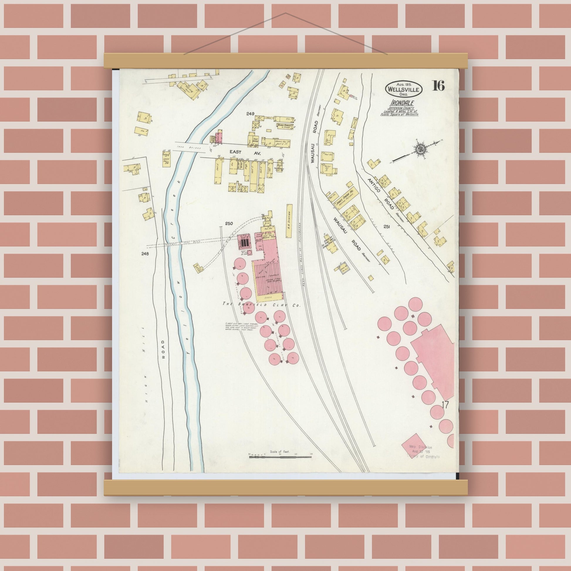Old map wall art mockup — magnetic wood frame on brick wall — Sanborn Fire Insurance Map from Wellsville, Columbiana County, Ohio (1915), Sheet #0016