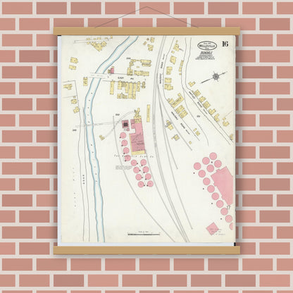 Old map wall art mockup — magnetic wood frame on brick wall — Sanborn Fire Insurance Map from Wellsville, Columbiana County, Ohio (1915), Sheet #0016
