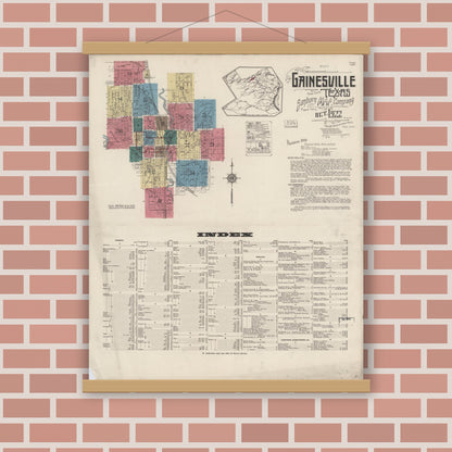 Old map wall art mockup — magnetic wood frame on brick wall — Sanborn Fire Insurance Map from Gainesville, Cooke County, Texas (1922) - Complete Map Set