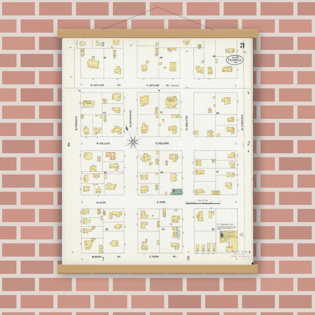 Old map wall art mockup — magnetic wood frame on brick wall — Sanborn Fire Insurance Map from Terrell, Kaufman County, Texas (1902), Sheet #0003