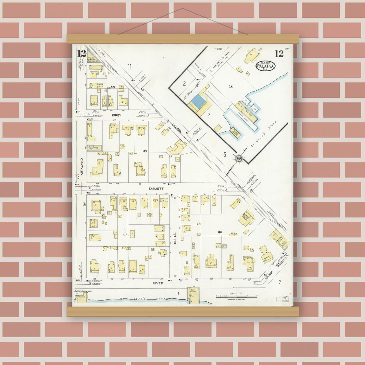 Old map wall art mockup — magnetic wood frame on brick wall — Sanborn Fire Insurance Map from Palatka, Putnam County, Florida (1924), Sheet #0012