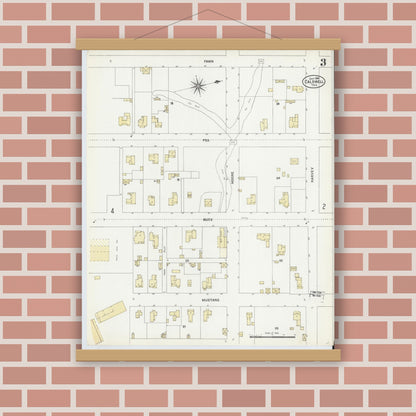 Old map wall art mockup — magnetic wood frame on brick wall — Sanborn Fire Insurance Map from Caldwell, Burleson County, Texas (1906), Sheet #0003