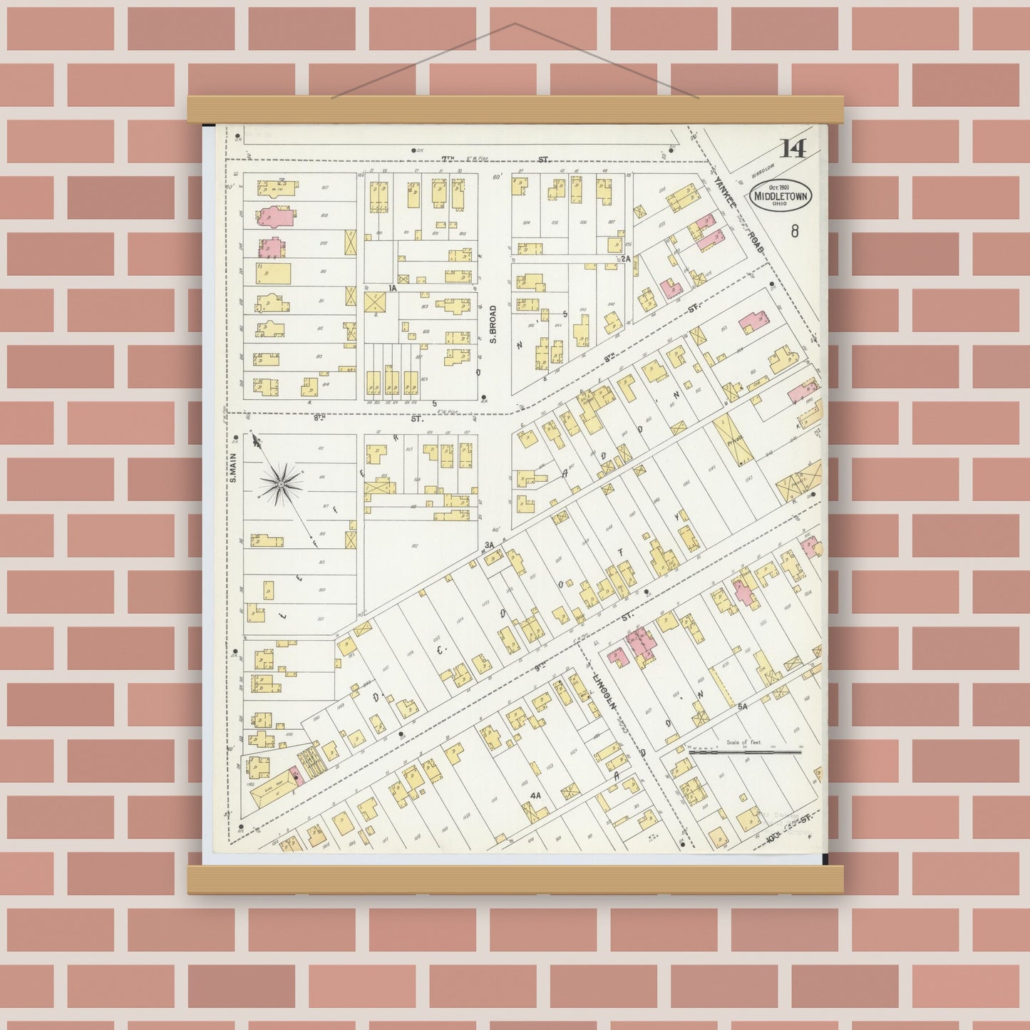 Old map wall art mockup — magnetic wood frame on brick wall — Sanborn Fire Insurance Map from Middletown, Butler County, Ohio (1901), Sheet #0014