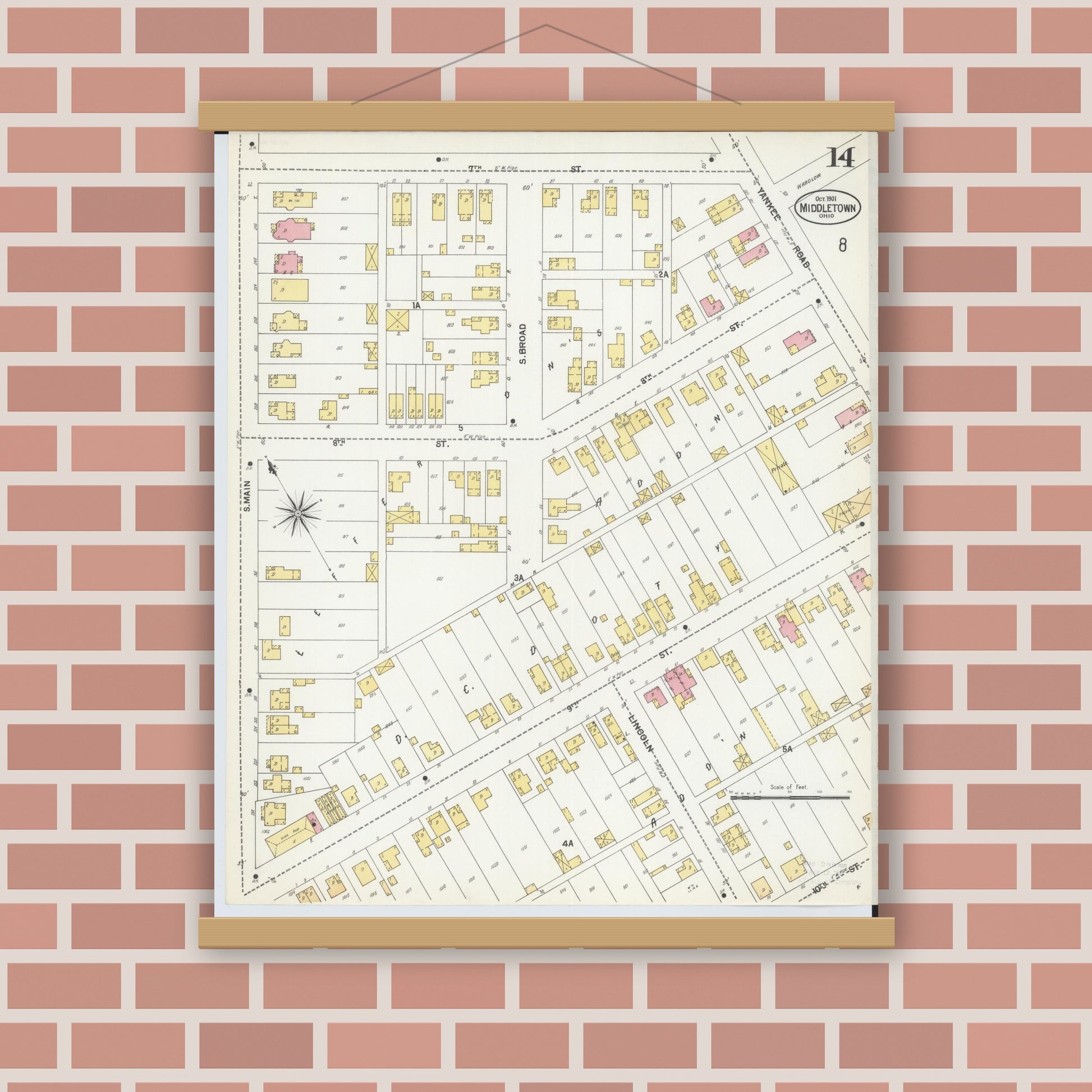 Old map wall art mockup — magnetic wood frame on brick wall — Sanborn Fire Insurance Map from Middletown, Butler County, Ohio (1901), Sheet #0014