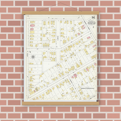 Old map wall art mockup — magnetic wood frame on brick wall — Sanborn Fire Insurance Map from Middletown, Butler County, Ohio (1901), Sheet #0014