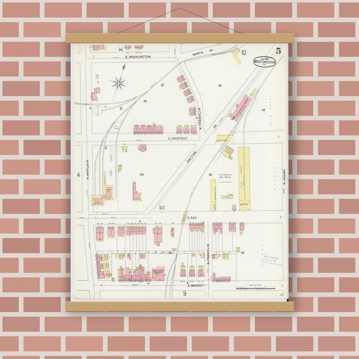 Old map wall art mockup — magnetic wood frame on brick wall — Sanborn Fire Insurance Map from West Chester, Chester County, Pennsylvania (1896), Sheet #0005
