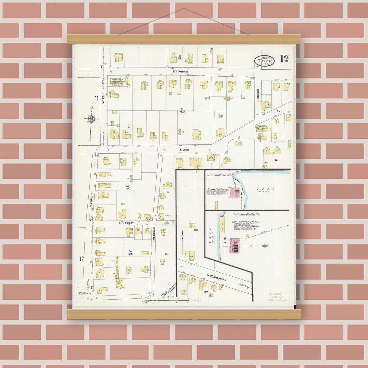 Old map wall art mockup — magnetic wood frame on brick wall — Sanborn Fire Insurance Map from Tyler, Smith County, Texas (1912), Sheet #0012