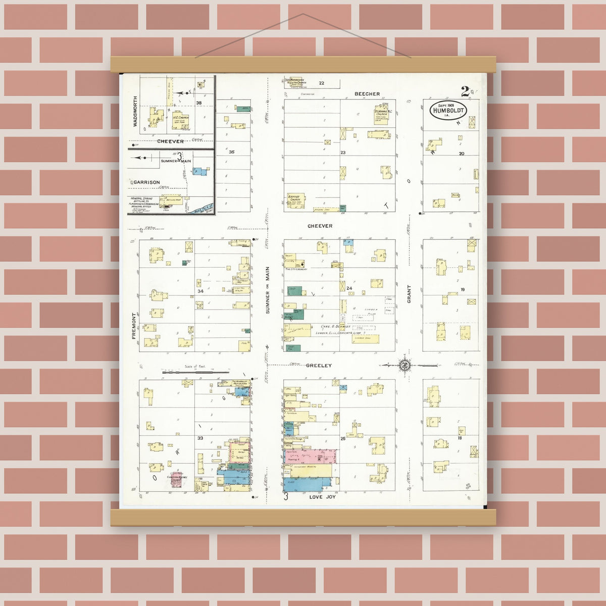 Old map wall art mockup — magnetic wood frame on brick wall — Sanborn Fire Insurance Map from Humboldt, Humboldt County, Iowa (1909), Sheet #0002