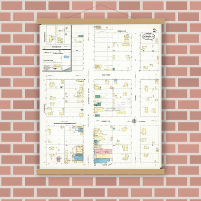 Old map wall art mockup — magnetic wood frame on brick wall — Sanborn Fire Insurance Map from Humboldt, Humboldt County, Iowa (1909), Sheet #0002