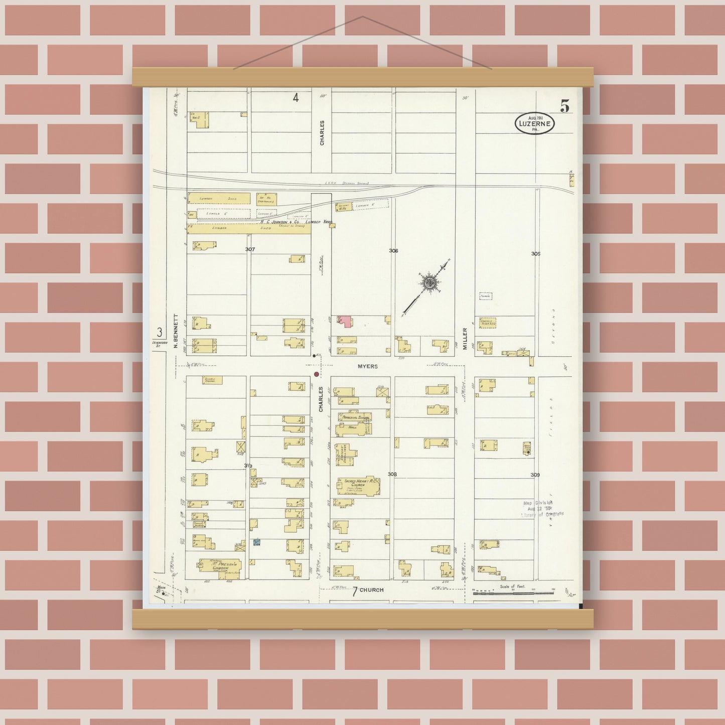 Old map wall art mockup — magnetic wood frame on brick wall — Sanborn Fire Insurance Map from Luzerne, Luzerne County, Pennsylvania (1911), Sheet #0005