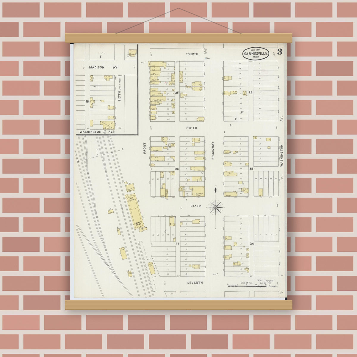 Old map wall art mockup — magnetic wood frame on brick wall — Sanborn Fire Insurance Map from Barnesville, Clay County, Minnesota (1894), Sheet #0003