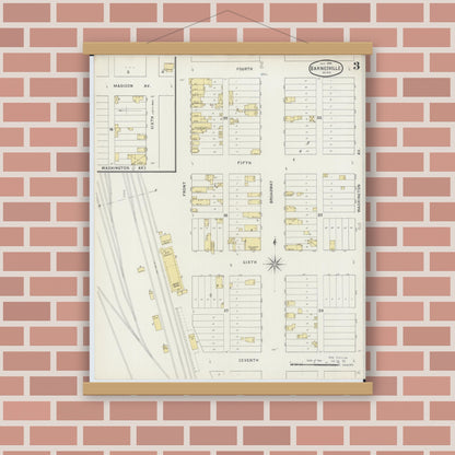 Old map wall art mockup — magnetic wood frame on brick wall — Sanborn Fire Insurance Map from Barnesville, Clay County, Minnesota (1894), Sheet #0003