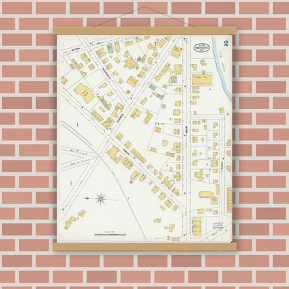 Old map wall art mockup — magnetic wood frame on brick wall — Sanborn Fire Insurance Map from Maynard, Middlesex County, Massachusetts (1899), Sheet #0002