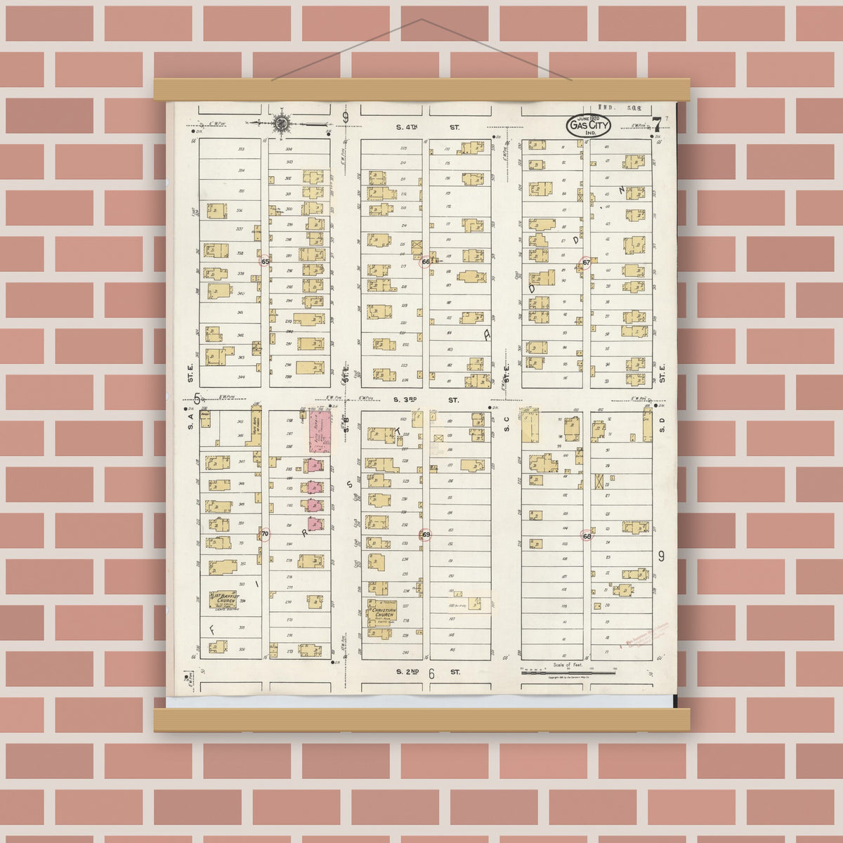 Old map wall art mockup — magnetic wood frame on brick wall — Sanborn Fire Insurance Map from Gas City, Grant County, Indiana (1932), Sheet #0007