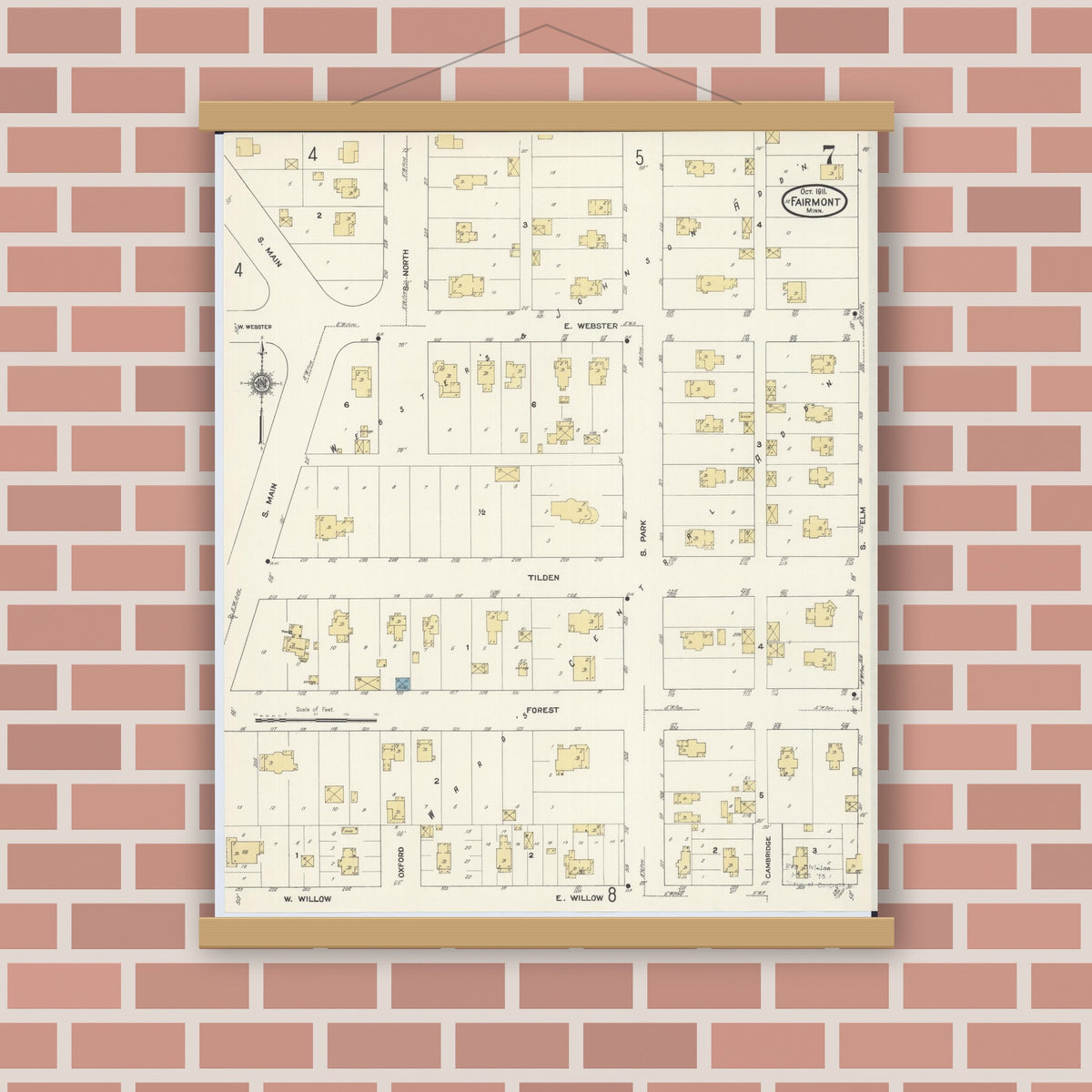 Old map wall art mockup — magnetic wood frame on brick wall — Sanborn Fire Insurance Map from Fairmont, Martin County, Minnesota (1911), Sheet #0007