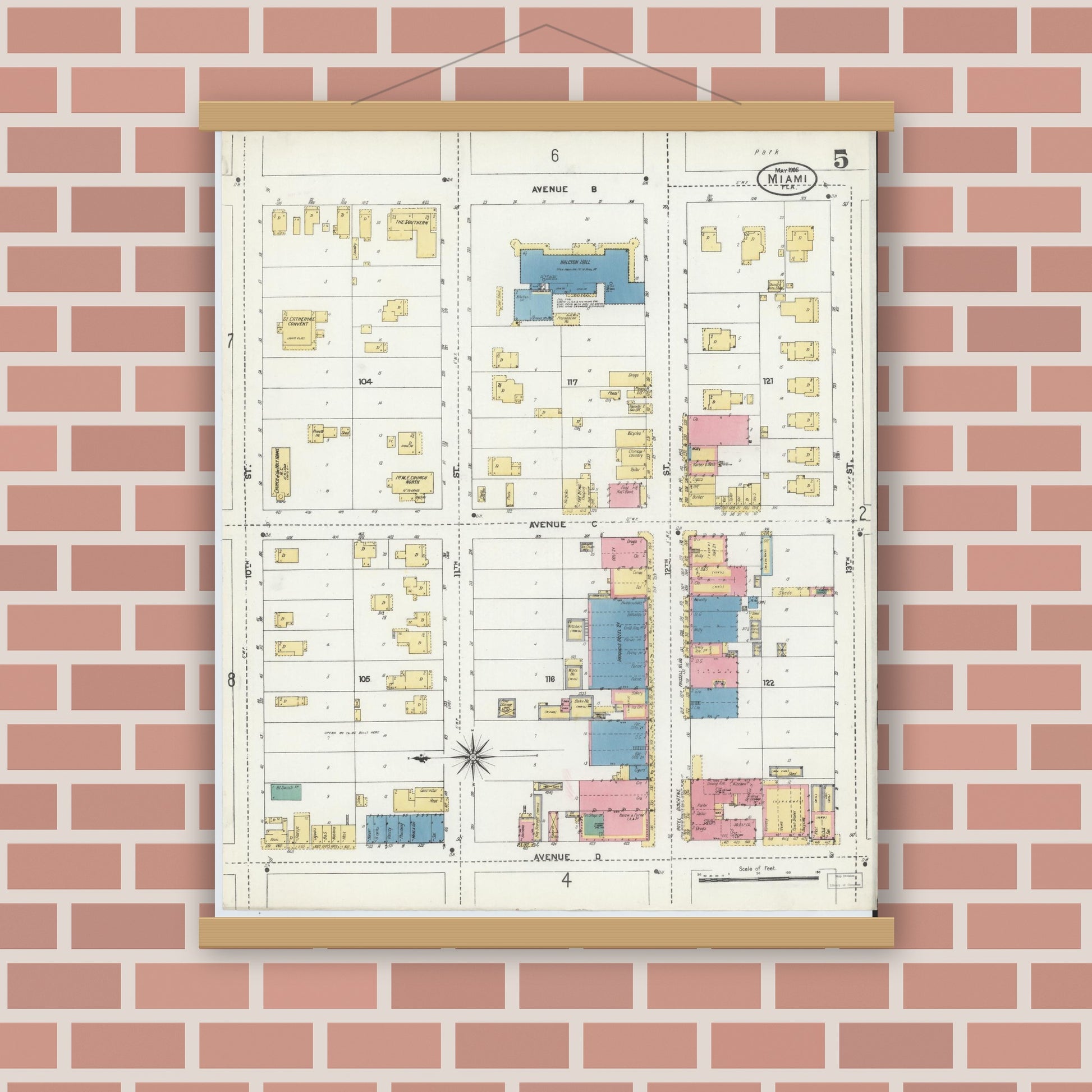 Old map wall art mockup — magnetic wood frame on brick wall — Sanborn Fire Insurance Map from Miami, Dade County, Florida (1906), Sheet #0005