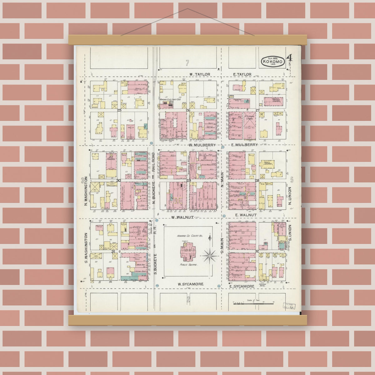 Old map wall art mockup — magnetic wood frame on brick wall — Sanborn Fire Insurance Map from Kokomo, Howard County, Indiana (1892), Sheet #0004