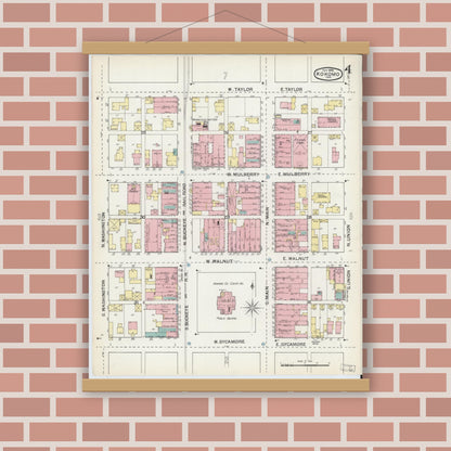 Old map wall art mockup — magnetic wood frame on brick wall — Sanborn Fire Insurance Map from Kokomo, Howard County, Indiana (1892), Sheet #0004