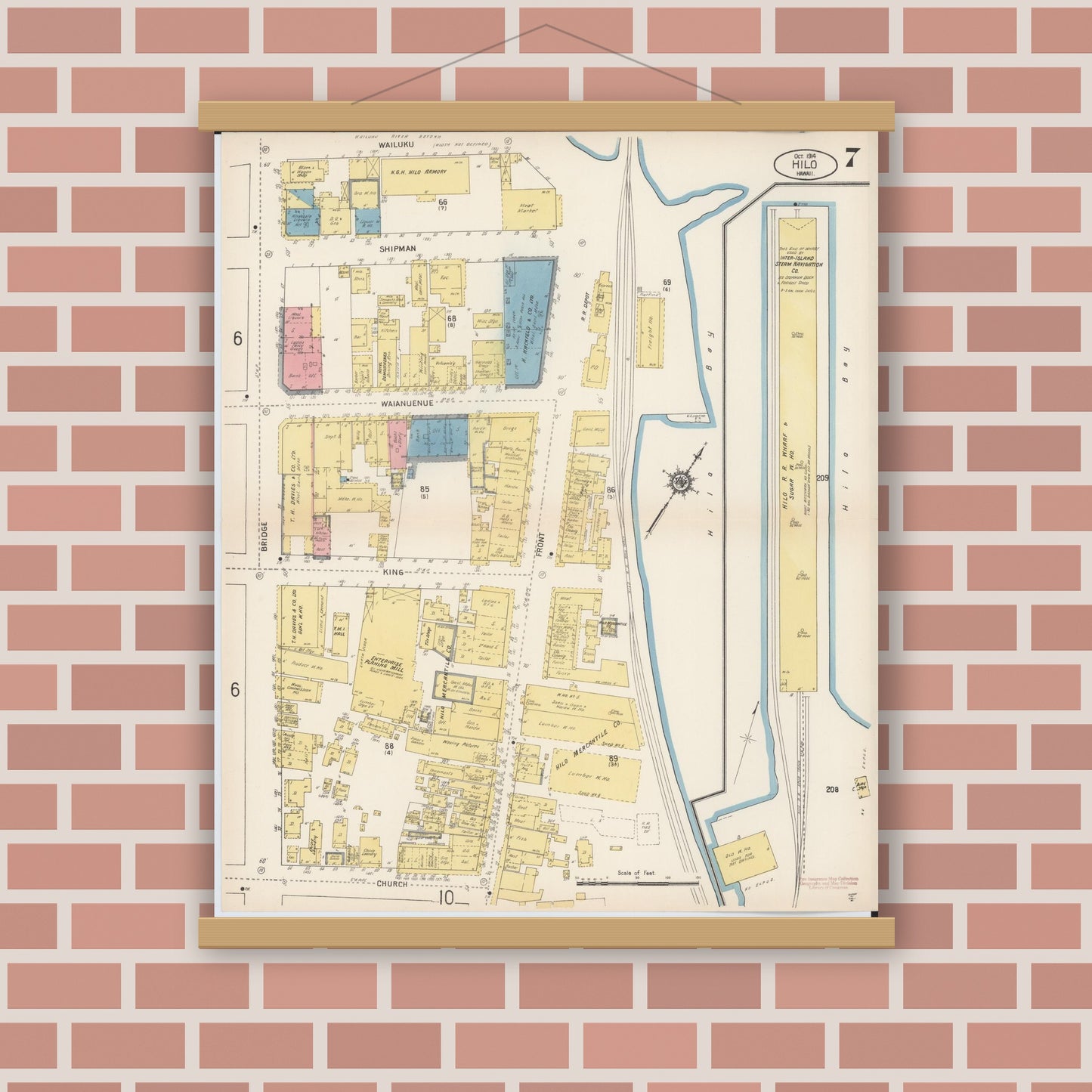 Old map wall art mockup — magnetic wood frame on brick wall — Sanborn Fire Insurance Map from Hilo, Hawaii County, Hawaii (1914), Sheet #0007