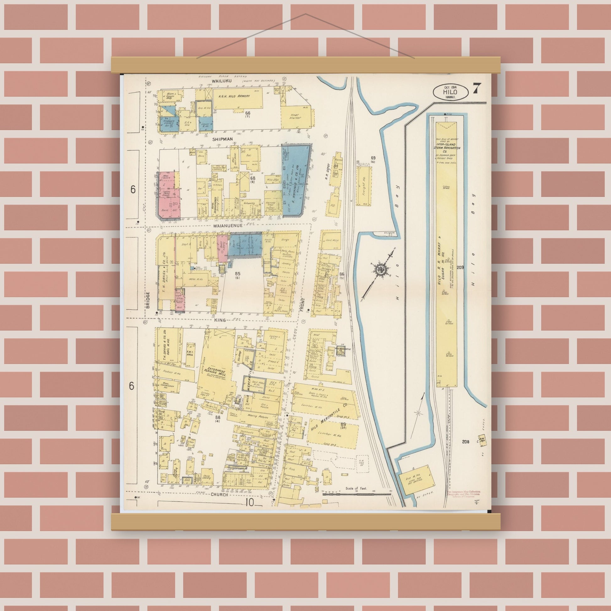 Old map wall art mockup — magnetic wood frame on brick wall — Sanborn Fire Insurance Map from Hilo, Hawaii County, Hawaii (1914), Sheet #0007