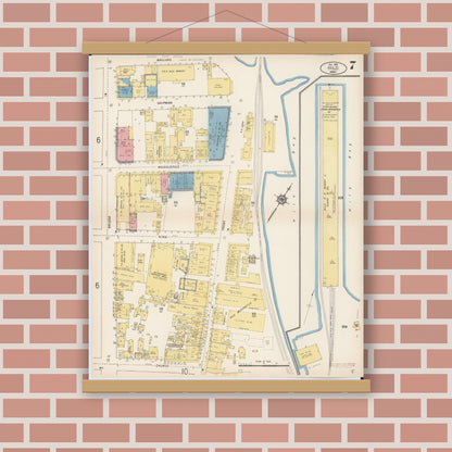 Old map wall art mockup — magnetic wood frame on brick wall — Sanborn Fire Insurance Map from Hilo, Hawaii County, Hawaii (1914), Sheet #0007