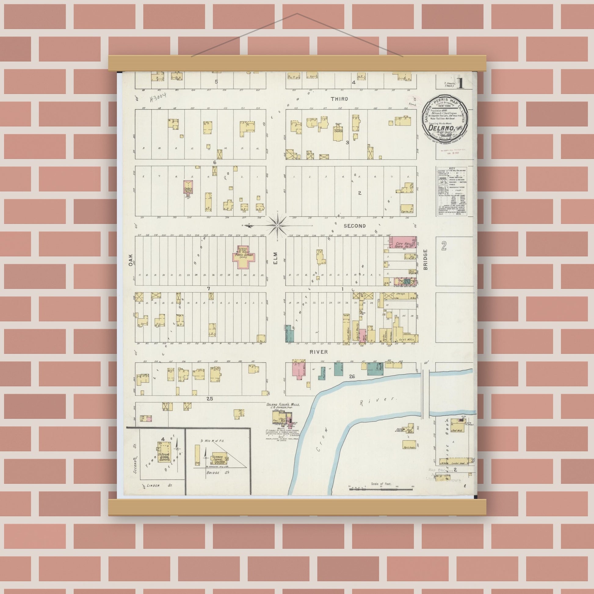 Old map wall art mockup — magnetic wood frame on brick wall — Sanborn Fire Insurance Map from Delano, Wright County, Minnesota (1894), Sheet #0001