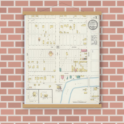 Old map wall art mockup — magnetic wood frame on brick wall — Sanborn Fire Insurance Map from Delano, Wright County, Minnesota (1894), Sheet #0001