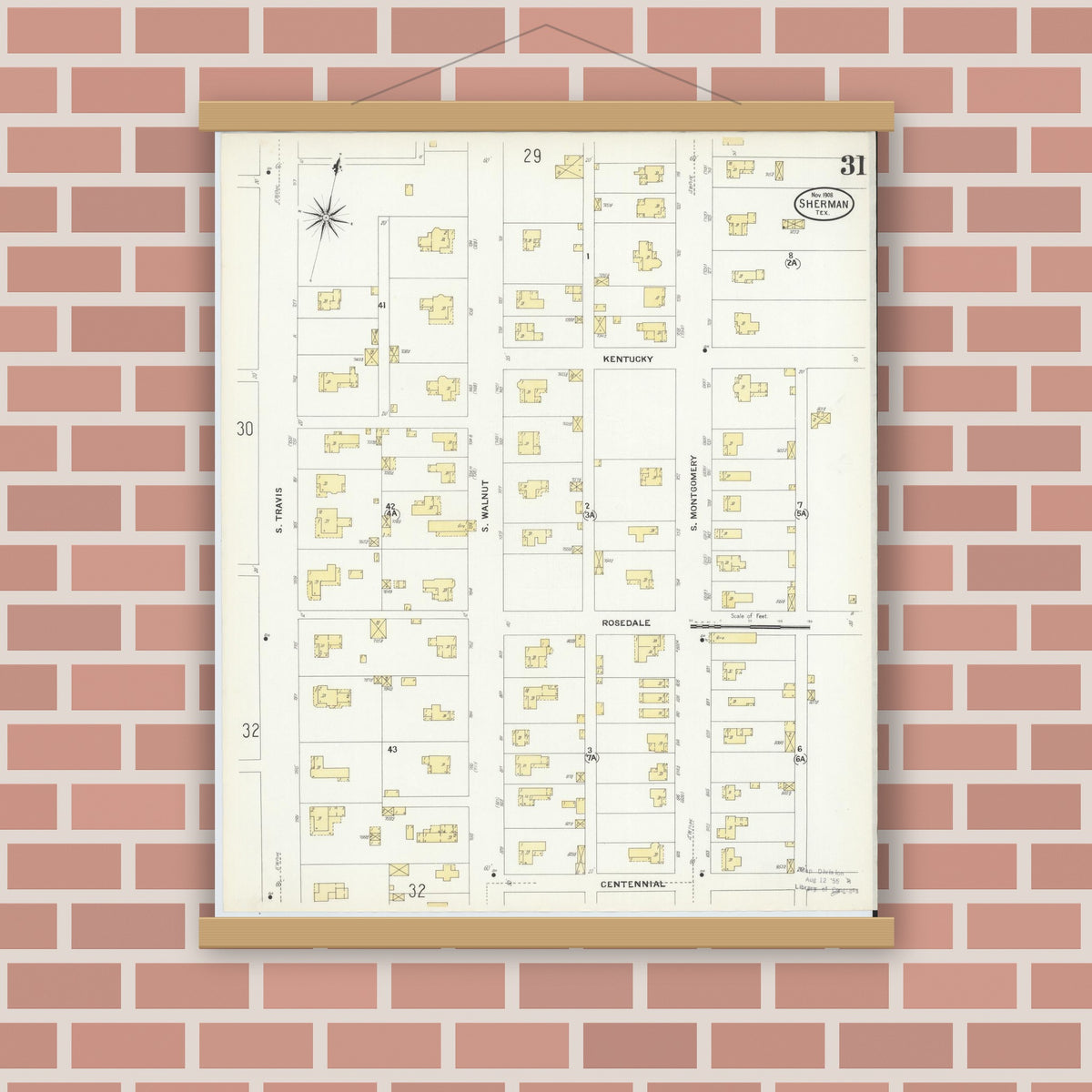 Old map wall art mockup — magnetic wood frame on brick wall — Sanborn Fire Insurance Map from Sherman, Grayson County, Texas (1908), Sheet #0031