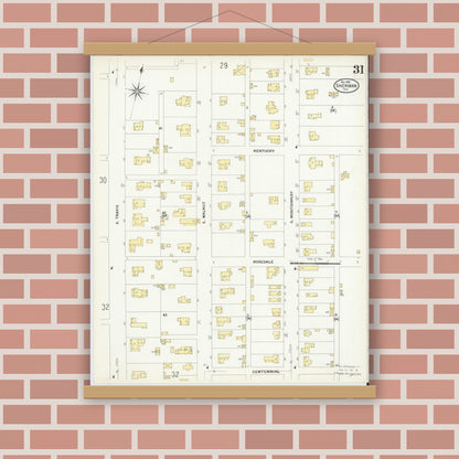 Old map wall art mockup — magnetic wood frame on brick wall — Sanborn Fire Insurance Map from Sherman, Grayson County, Texas (1908), Sheet #0031