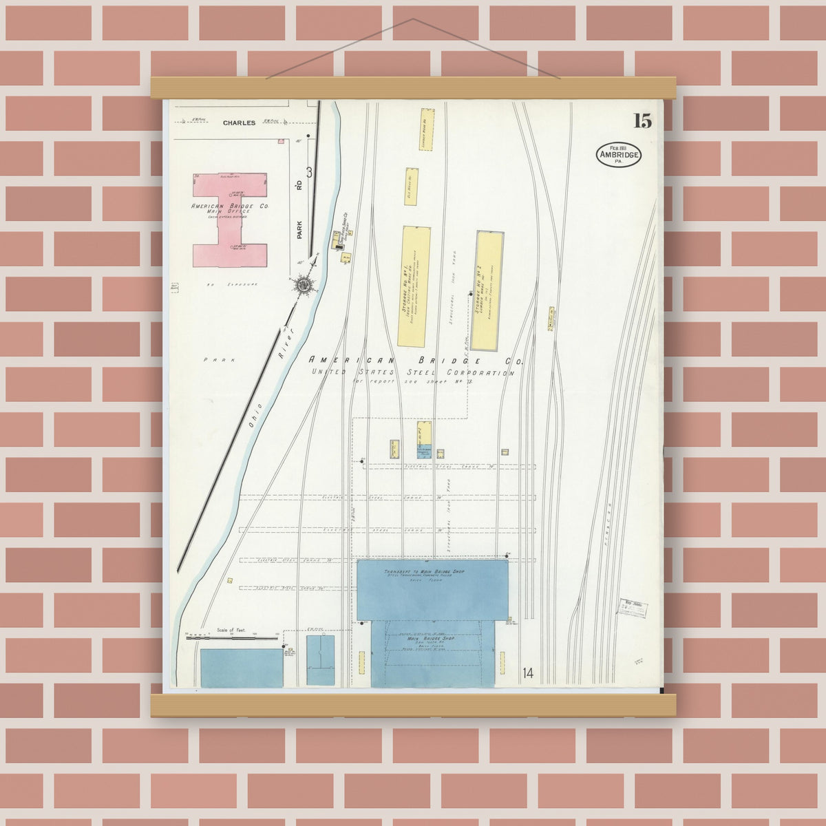 Old map wall art mockup — magnetic wood frame on brick wall — Sanborn Fire Insurance Map from Ambridge, Beaver County, Pennsylvania (1911), Sheet #0015