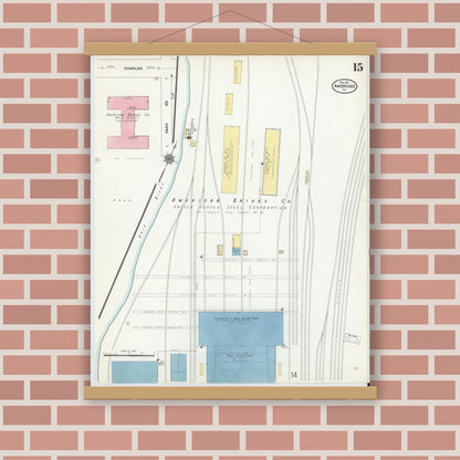 Old map wall art mockup — magnetic wood frame on brick wall — Sanborn Fire Insurance Map from Ambridge, Beaver County, Pennsylvania (1911), Sheet #0015