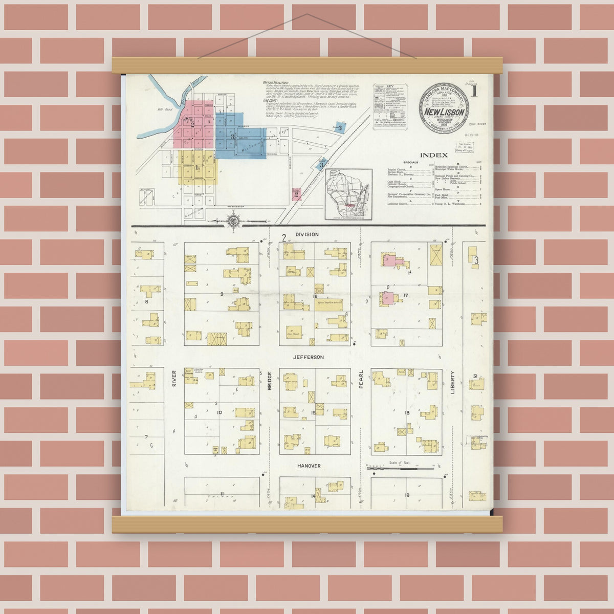 Old map wall art mockup — magnetic wood frame on brick wall — Sanborn Fire Insurance Map from New Lisbon, Juneau County, Wisconsin (1916) - Complete Map Set
