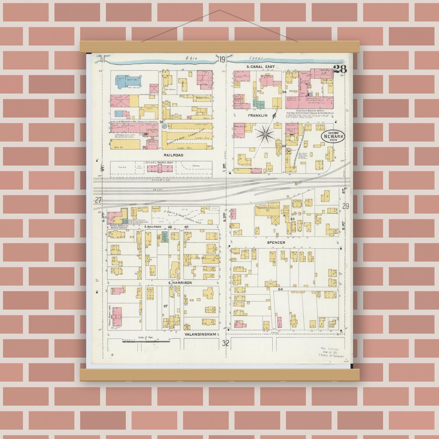 Old map wall art mockup — magnetic wood frame on brick wall — Sanborn Fire Insurance Map from Newark, Licking County, Ohio (1905), Sheet #0028