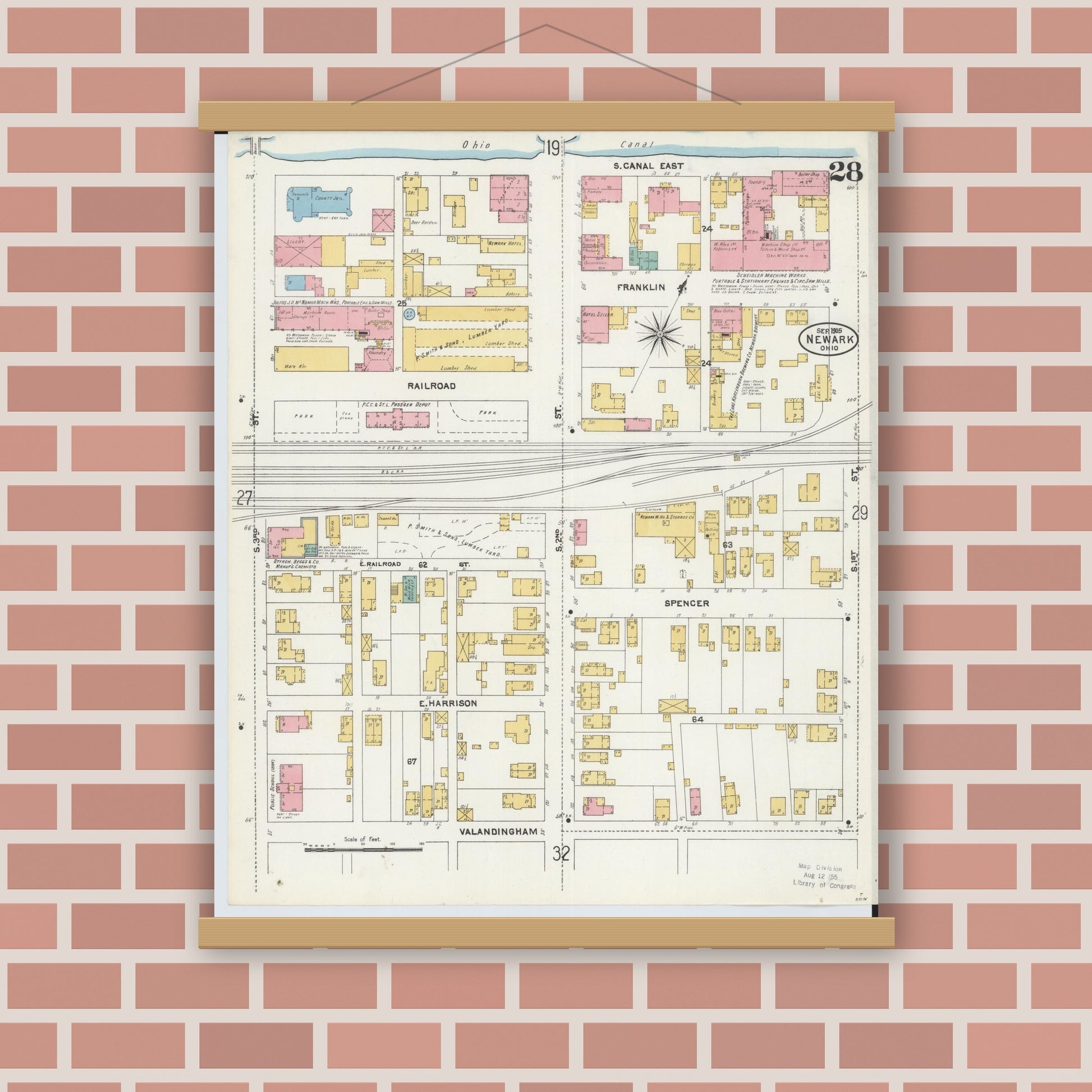 Old map wall art mockup — magnetic wood frame on brick wall — Sanborn Fire Insurance Map from Newark, Licking County, Ohio (1905), Sheet #0028