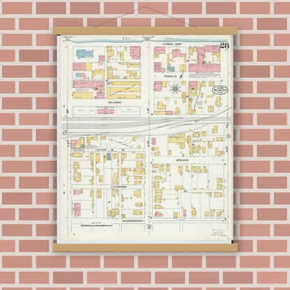 Old map wall art mockup — magnetic wood frame on brick wall — Sanborn Fire Insurance Map from Newark, Licking County, Ohio (1905), Sheet #0028